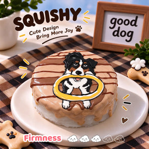 Australian Shepherd custom squishy toy side view, showing soft resilient texture, thick glossy surface and squeeze feel of cute stress relief fidget