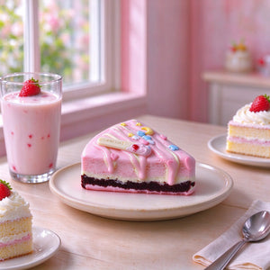 Pink layered cake-slice squishy with pastel decorations on a dessert plate.