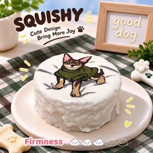 Chihuahua custom squishy toy side view, showing soft resilient texture, thick glossy surface and squeeze feel of cute stress relief fidget