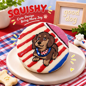 Hand-painted Dachshund squishy toy, cute Doxie dog portrait on soft round fidget toy, red white blue glossy stripes and pink accent design
