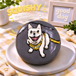 Hand-painted French Bulldog squishy toy, cute Frenchie dog portrait on soft round fidget toy, gray glossy surface with yellow harness design