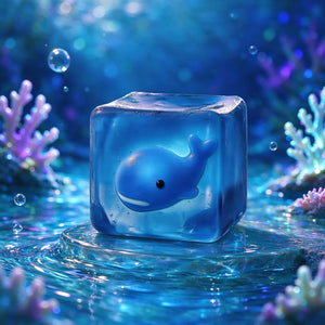 Frostglow Whale cube squishy in underwater ocean scene, clear blue ice cube with whale, surrounded by coral and water bubbles