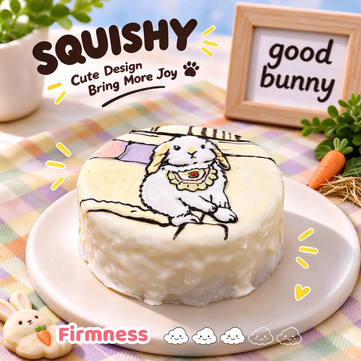 Lop-eared rabbit squishy side view, round cream bunny squishy with hand-painted white lop ear rabbit design, soft glossy silicone texture, thick cake-like side profile, pastel bunny-themed table setting, carrot decorations and wooden "good bunny" sign in background
