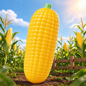 Yellow corn-shaped squishy displayed outdoors in a cornfield setting.