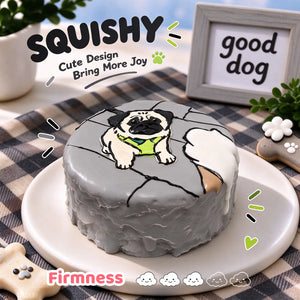 Pug custom squishy toy side view, showing soft resilient texture, thick glossy surface and squeeze feel of cute stress relief fidget