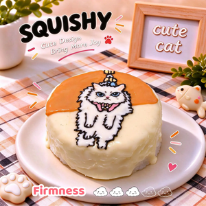 Ragdoll custom squishy toy side view, showing soft resilient texture, thick glossy surface and squeeze feel of cute stress relief fidget