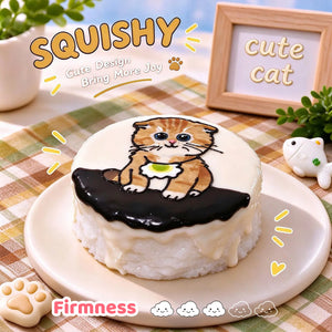 Scottish Fold custom squishy toy side view, showing soft resilient texture, thick glossy surface and squeeze feel of cute stress relief fidget