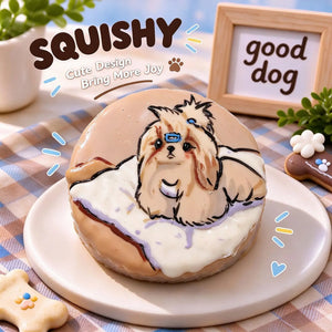 Hand-painted Shih Tzu squishy toy, cute Shih Tzu dog portrait on soft round fidget toy, light brown glossy surface with cream purple details and blue hair clip accent