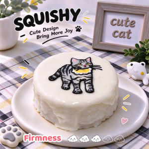 Tabby Cat custom squishy toy side view, showing soft resilient texture, thick glossy surface and squeeze feel of cute stress relief fidget
