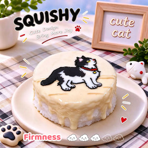 Tuxedo Cat custom squishy toy side view, showing soft resilient texture, thick glossy surface and squeeze feel of cute stress relief fidget