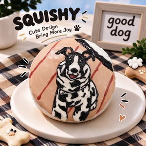Hand-painted Whippet squishy toy, cute Whippet dog portrait on soft round fidget toy, light brown glossy surface with black white spotted markings and red stripe details