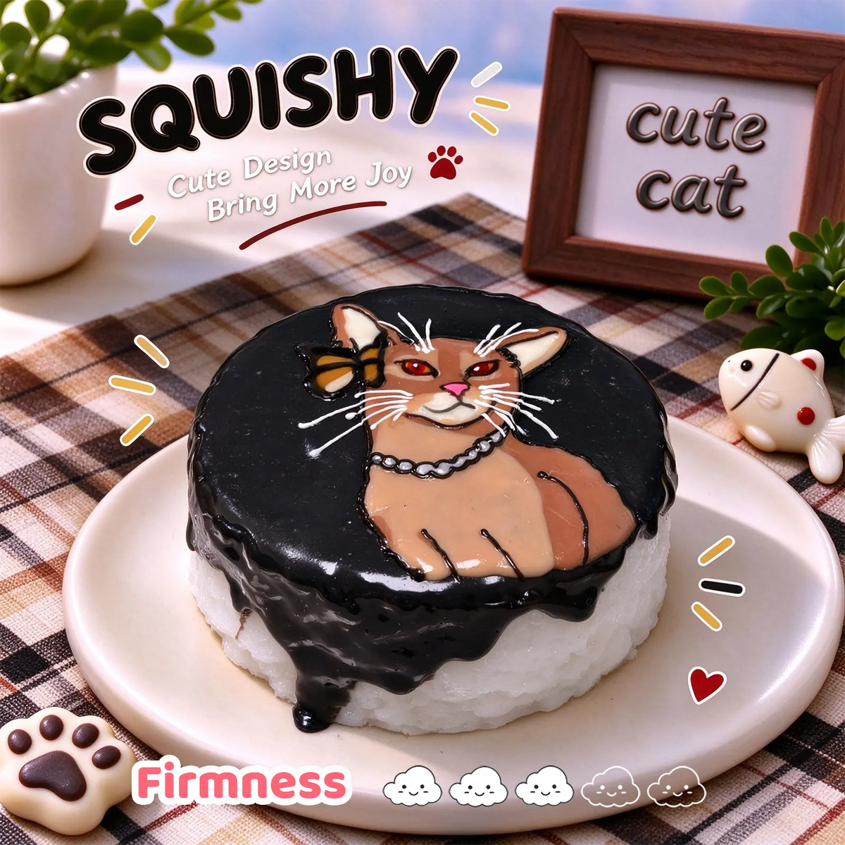 Abyssinian custom squishy toy side view, showing soft resilient texture, thick glossy surface and squeeze feel of cute stress relief fidget