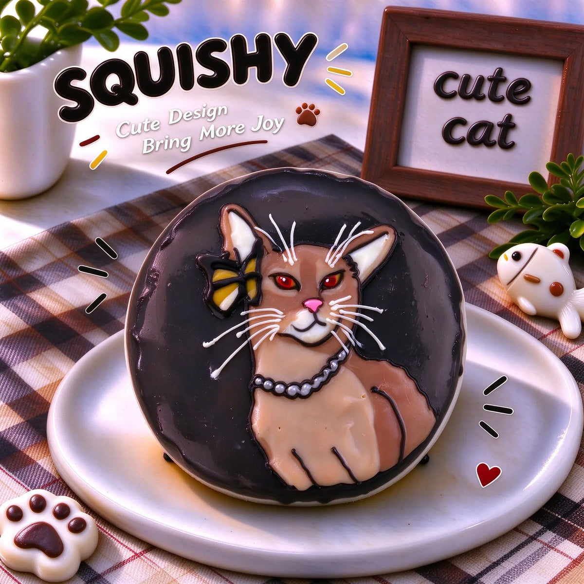 Hand-painted Abyssinian squishy toy, cute Abyssinian cat portrait with pearl necklace and yellow bow on soft round fidget toy, dark glossy surface on display plate