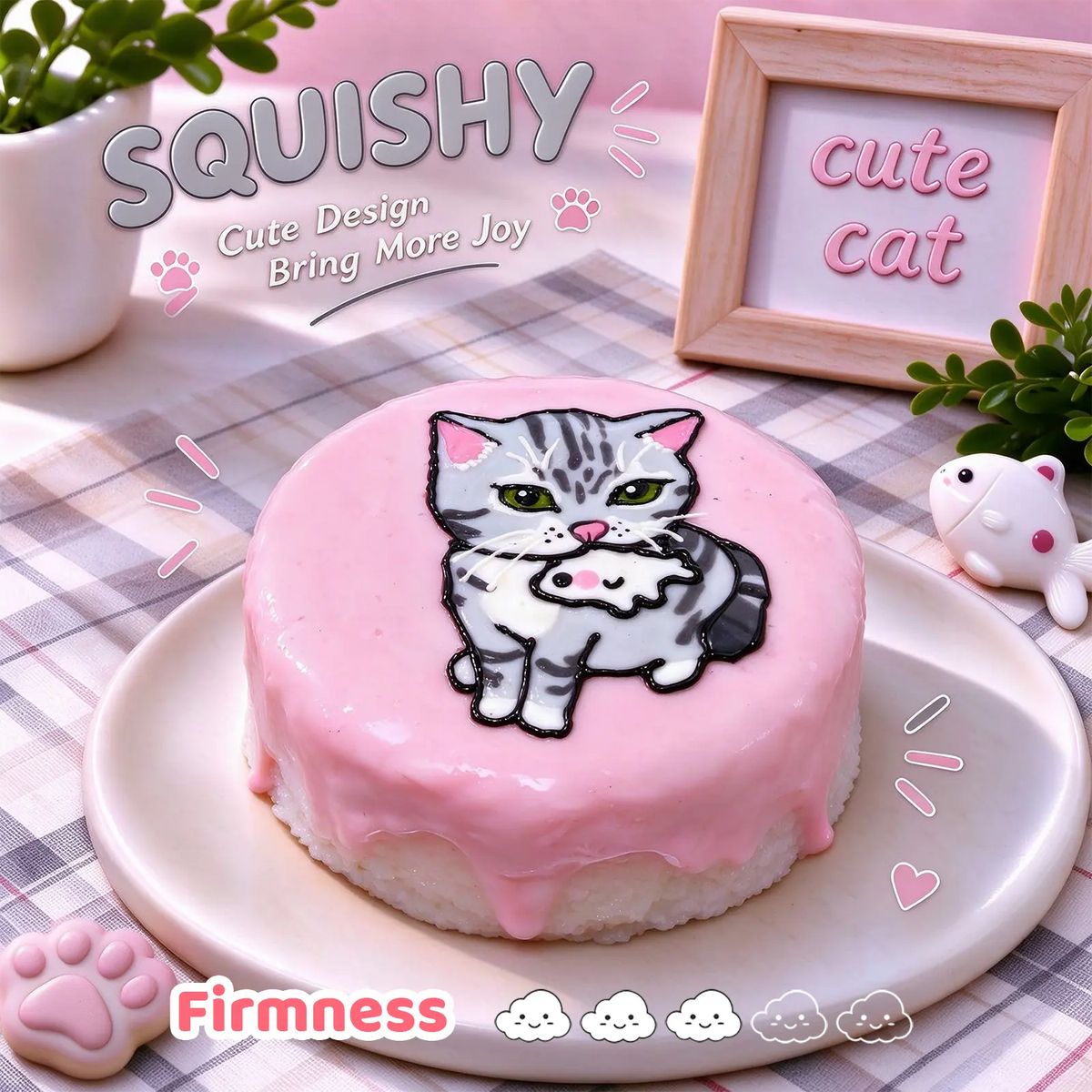 American Shorthair custom squishy toy side view, showing soft resilient texture, thick glossy surface and squeeze feel of cute stress relief fidget