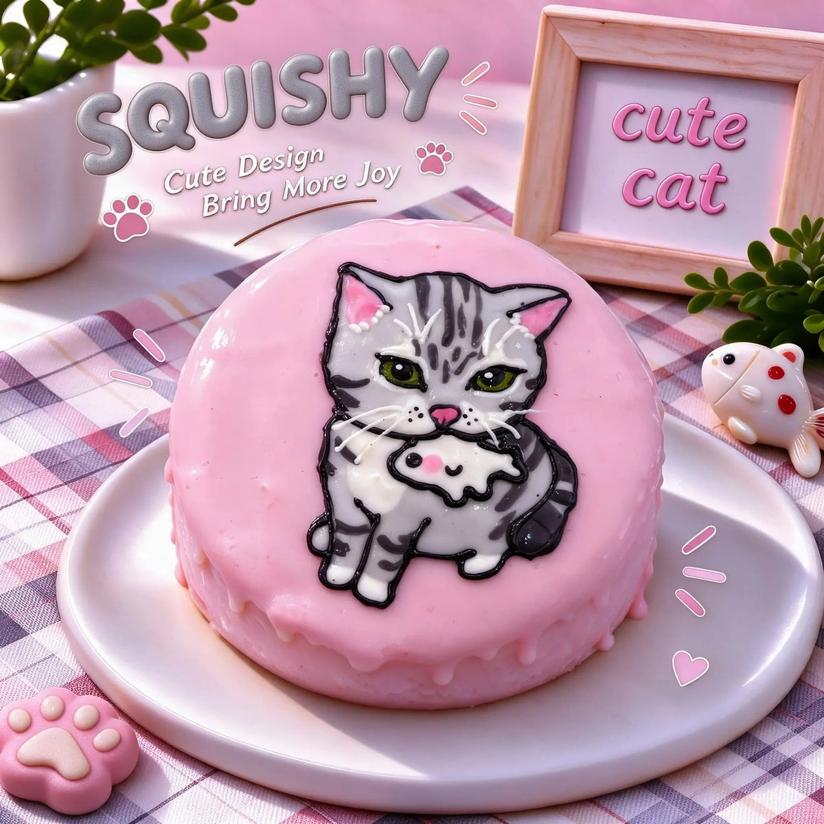 Hand-painted American Shorthair squishy toy, cute American Shorthair cat holding small fish plush on soft round fidget toy, pink glossy surface on display plate
