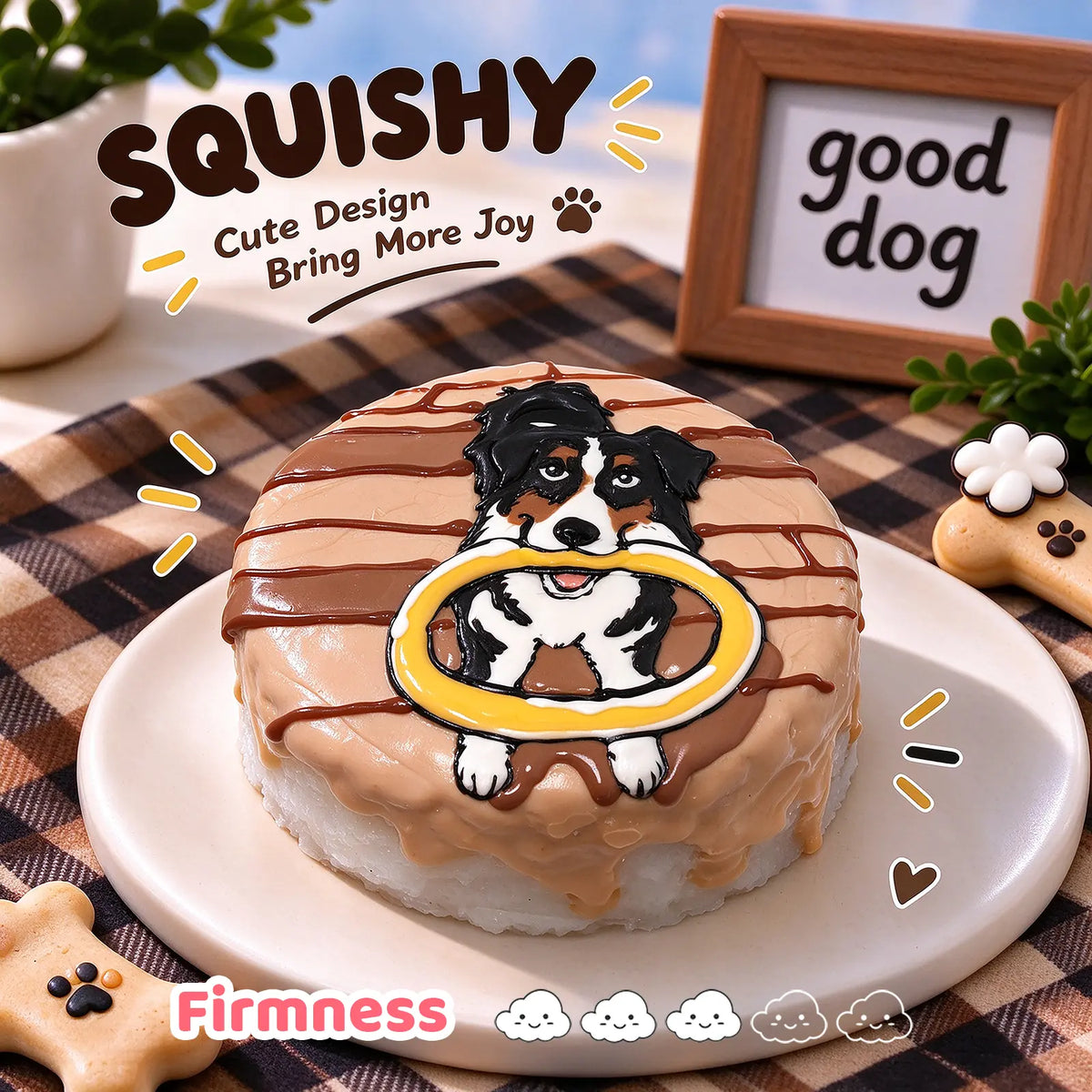 Australian Shepherd custom squishy toy side view, showing soft resilient texture, thick glossy surface and squeeze feel of cute stress relief fidget