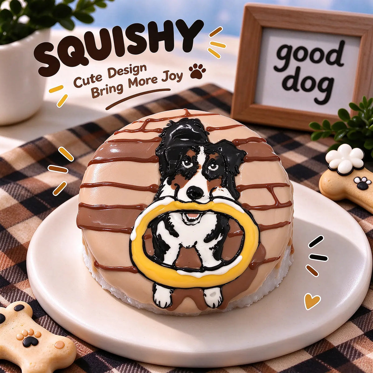 Hand-painted Australian Shepherd squishy toy, cute Aussie dog portrait holding yellow frisbee on soft round fidget toy, light brown glossy surface with chocolate drizzle stripes design