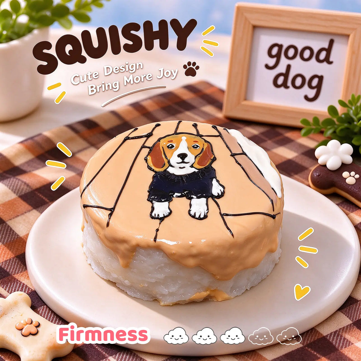 Beagle custom squishy toy side view, showing soft resilient texture, thick glossy surface and squeeze feel of cute stress relief fidget