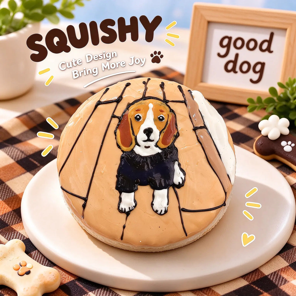 Hand-painted Beagle squishy toy, cute Beagle dog portrait on soft round fidget toy, light brown glossy surface with dark blue sweater and playful line details