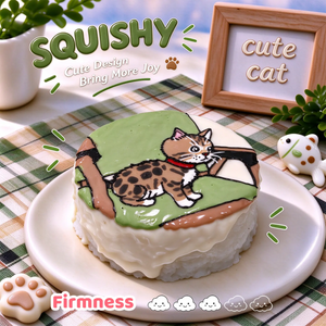 Bengal custom squishy toy side view, showing soft resilient texture, thick glossy surface and squeeze feel of cute stress relief fidget