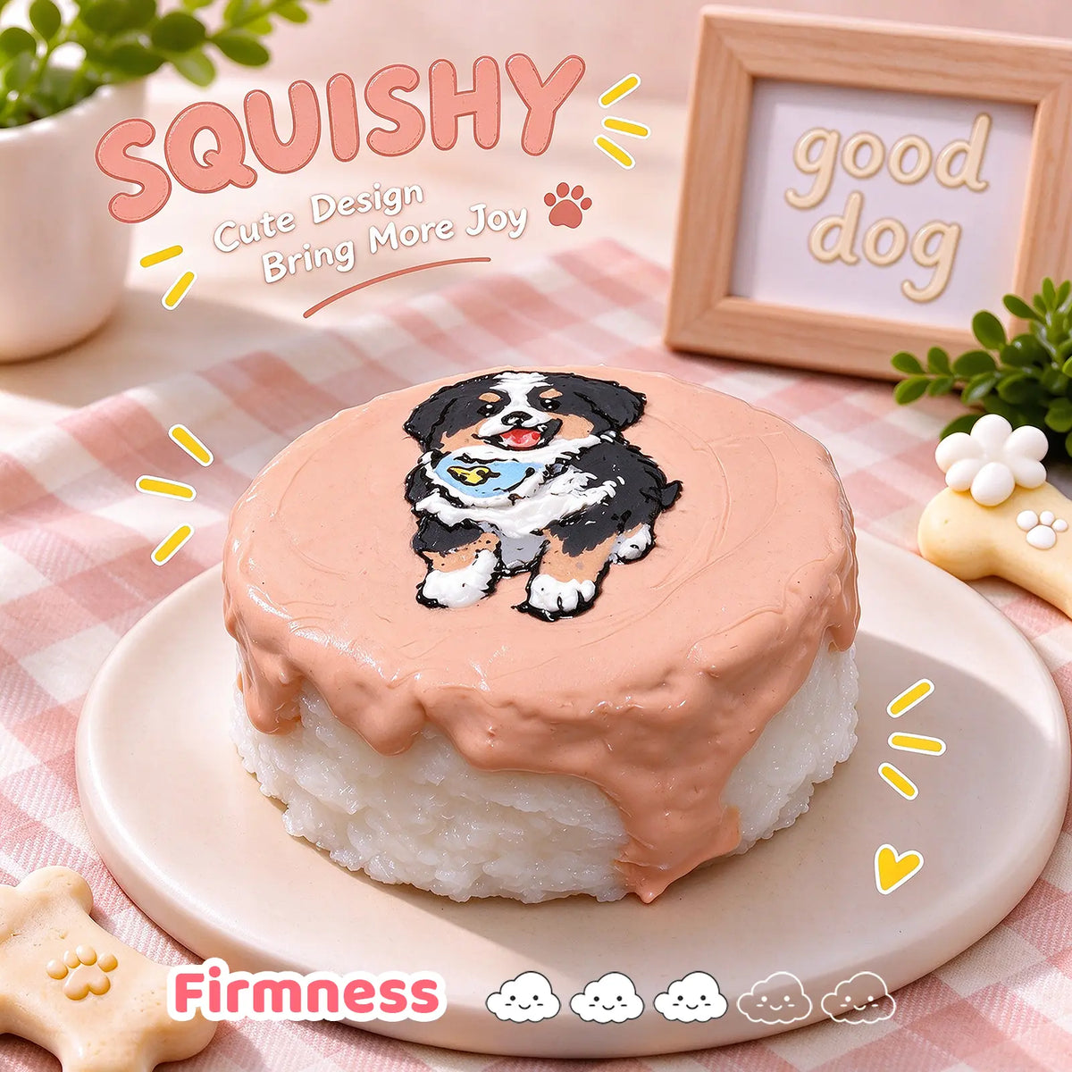 Bernese Mountain Dog custom squishy toy side view, showing soft resilient texture, thick glossy surface and squeeze feel of cute stress relief fidget