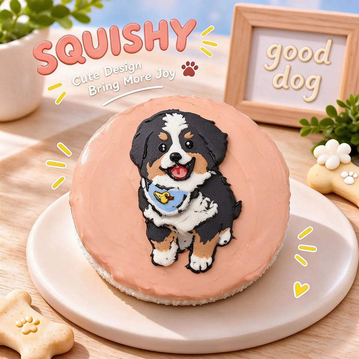 Hand-painted Bernese Mountain Dog squishy toy, cute Berner dog portrait on soft round fidget toy, peach glossy surface with black white tan markings and blue bandana design