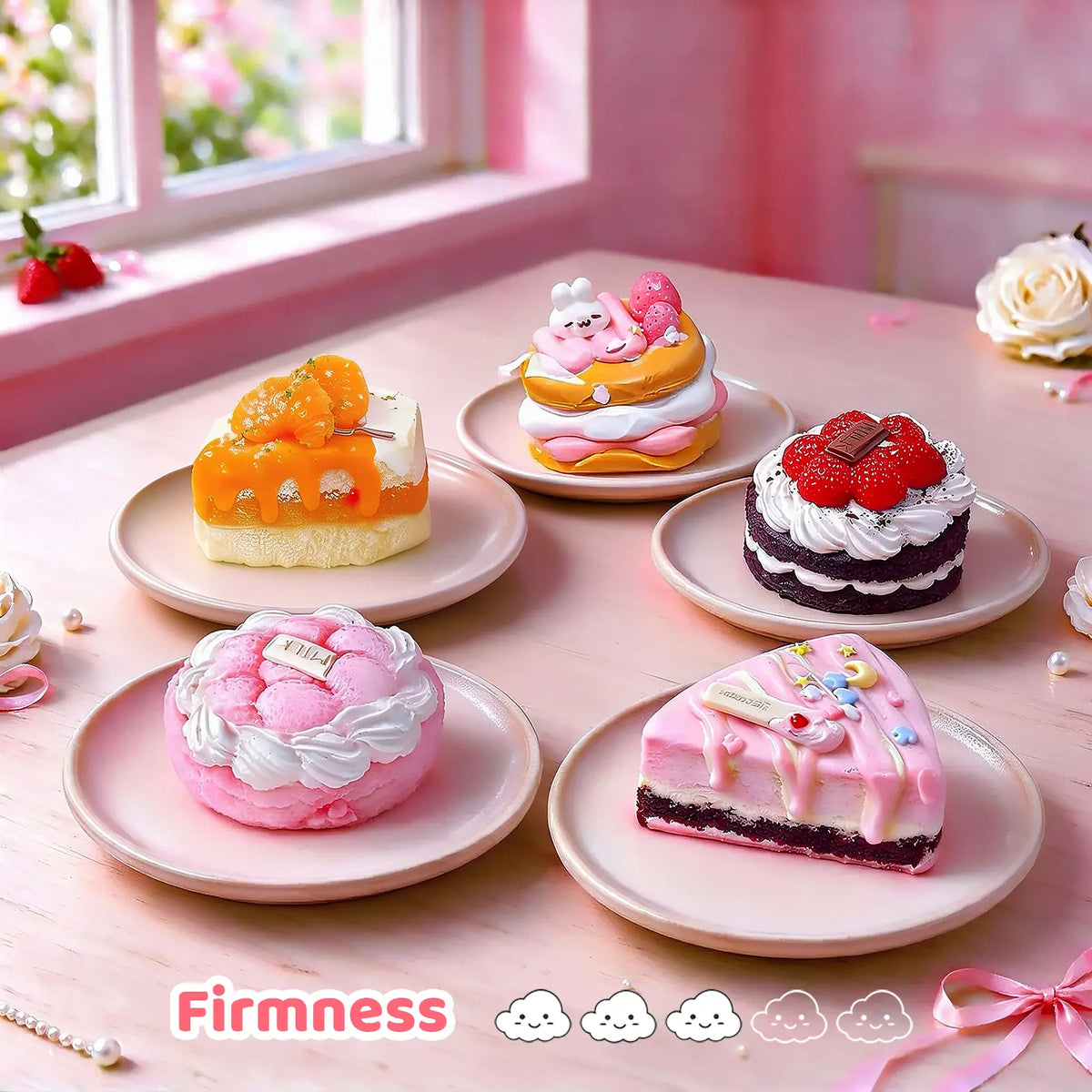 Five colorful cake-shaped squishy toys arranged together on dessert plates.