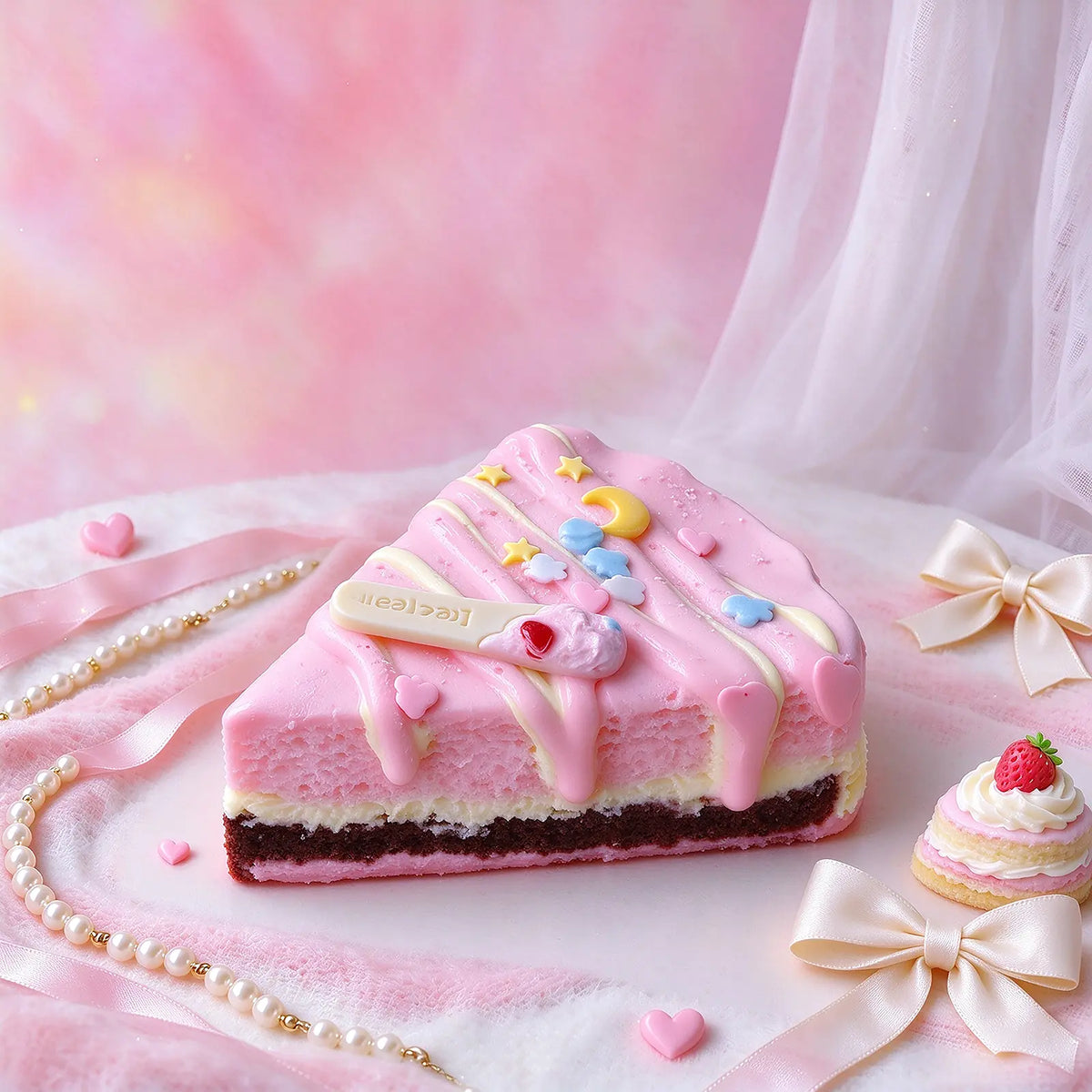 Pink layered cake-slice squishy displayed with ribbons and pastel decorations.