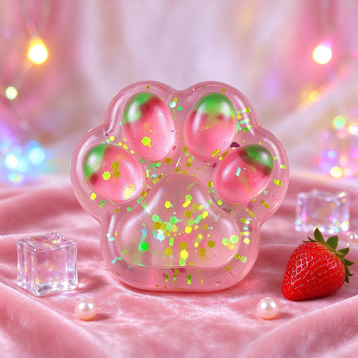 Pink cat paw squishy with glittery toe pads displayed beside strawberries.