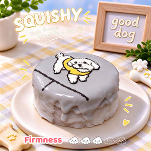 Bichon Frise custom squishy toy side view, showing soft resilient texture, thick glossy surface and squeeze feel of cute stress relief fidget