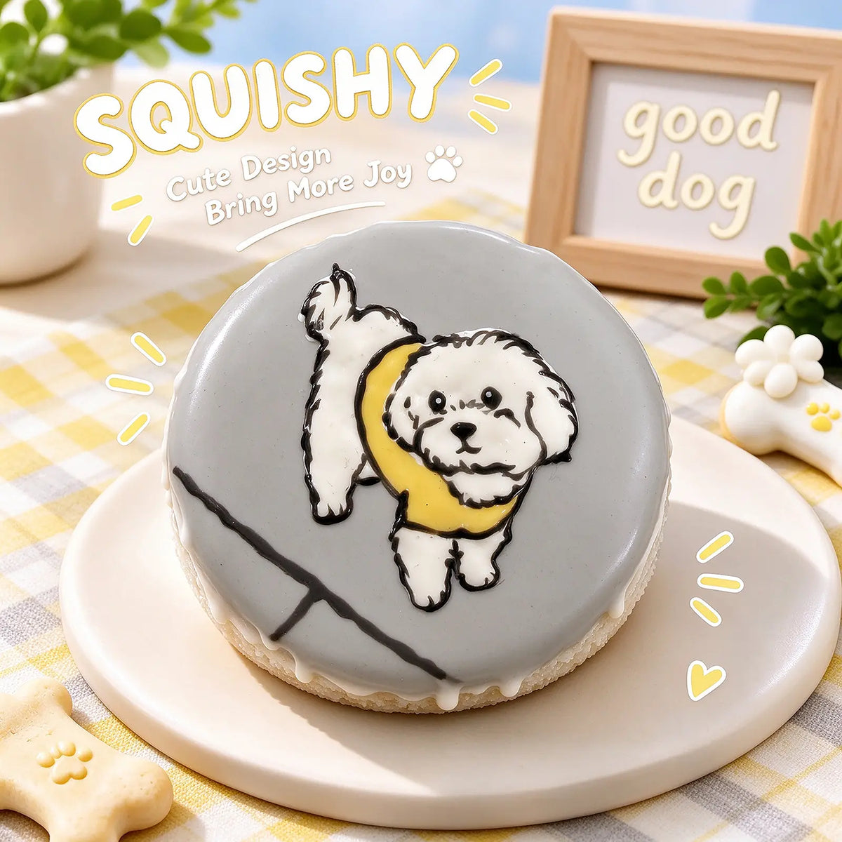 Hand-painted Bichon Frise squishy toy, cute Bichon dog portrait on soft round fidget toy, gray glossy surface with white fluffy dog and yellow sweater design