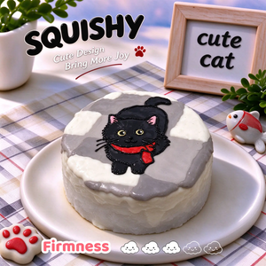 Black Cat custom squishy toy side view, showing soft resilient texture, thick glossy surface and squeeze feel of cute stress relief fidget