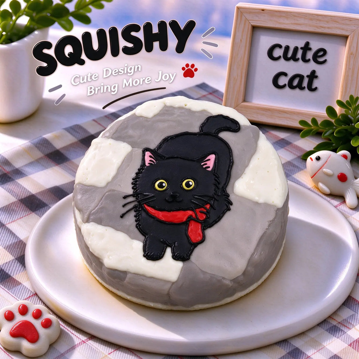 Hand-painted Black Cat squishy toy, cute Black Cat portrait with red scarf on soft round fidget toy, gray and white patchwork glossy surface on display plate