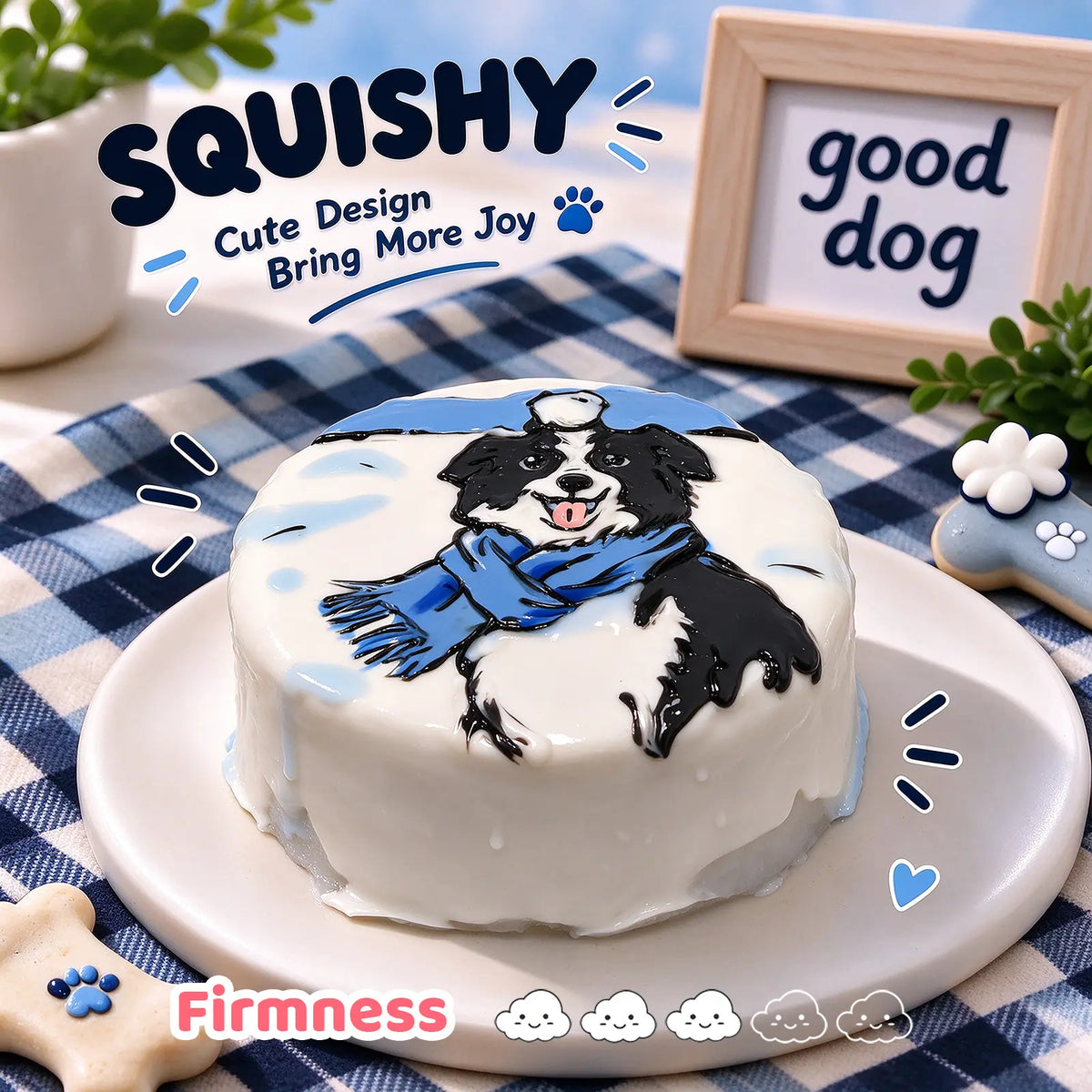 Border Collie custom squishy toy side view, showing soft resilient texture, thick glossy surface and squeeze feel of cute stress relief fidget