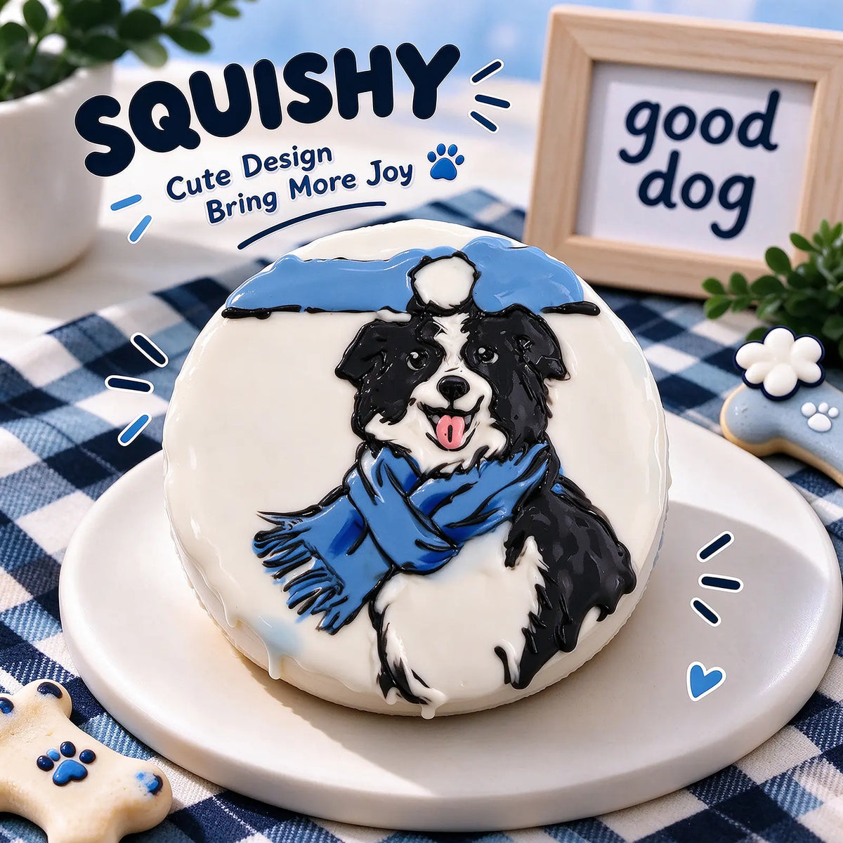 Hand-painted Border Collie squishy toy, cute Border Collie dog portrait with blue scarf on soft round fidget toy, white glossy surface on display plate