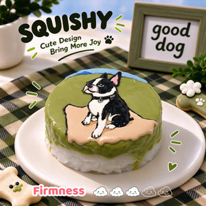 Boston Terrier custom squishy toy side view, showing soft resilient texture, thick glossy surface and squeeze feel of cute stress relief fidget