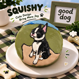 Hand-painted Boston Terrier squishy toy, cute Boston Terrier dog portrait with black collar on soft round fidget toy, green glossy surface with outdoor grass scene and sky accent design
