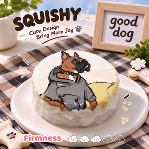 Boxer custom squishy toy side view, showing soft resilient texture, thick glossy surface and squeeze feel of cute stress relief fidget