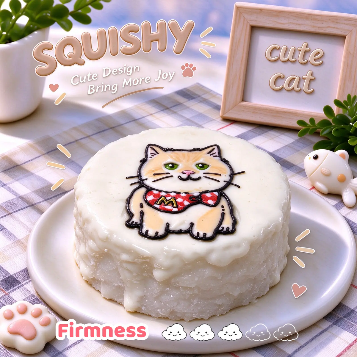 British Shorthair custom squishy toy side view, showing soft resilient texture, thick glossy surface and squeeze feel of cute stress relief fidget