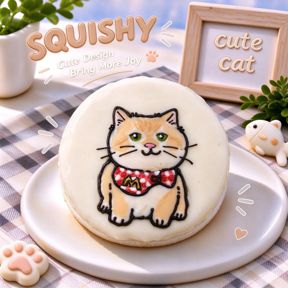 Hand-painted British Shorthair squishy toy, cute British Shorthair cat portrait with red polka dot bandana on soft round fidget toy, white glossy surface on display plate