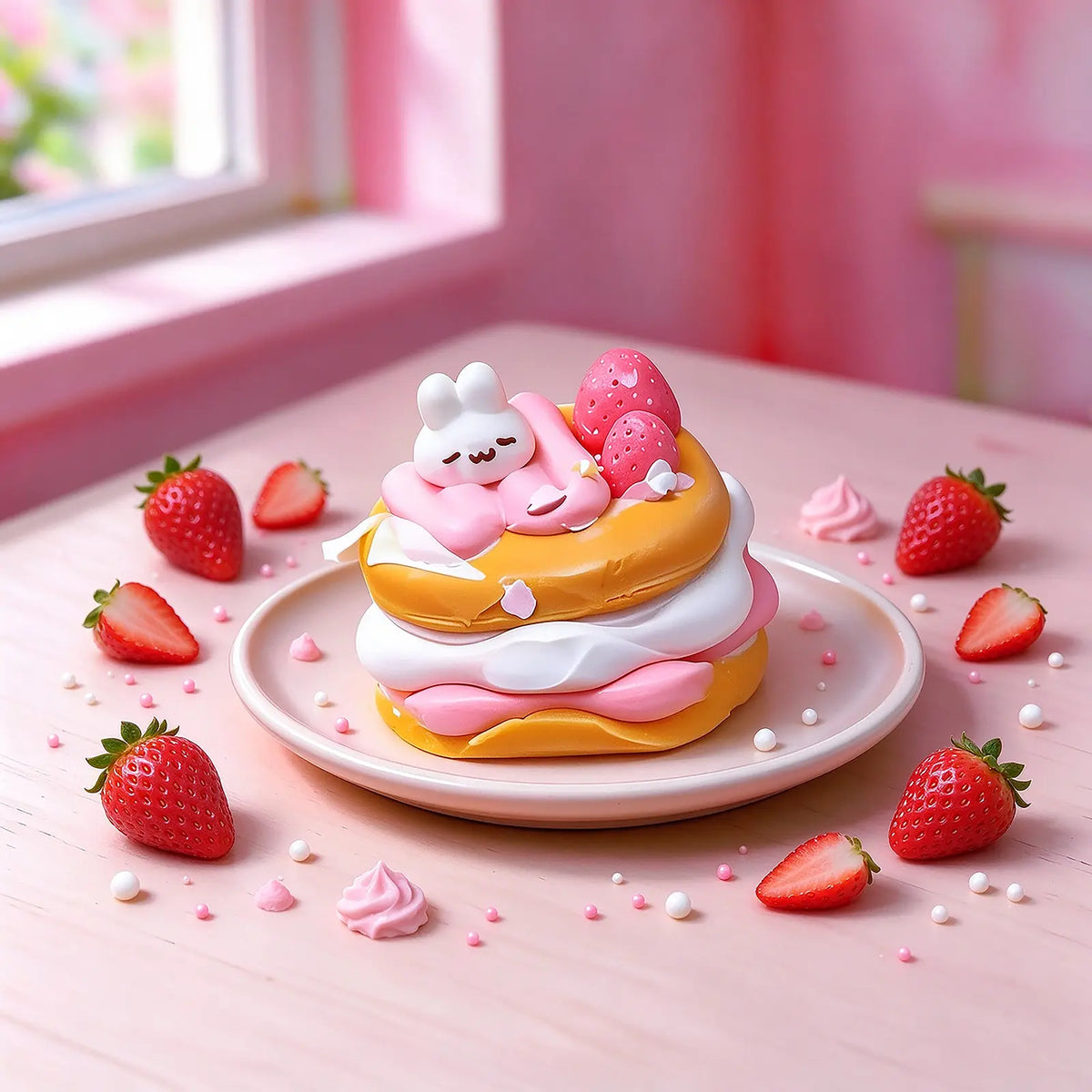 Rabbit-shaped strawberry cake squishy displayed on a dessert plate.
