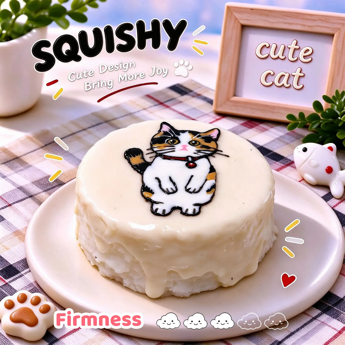 Calico Cat custom squishy toy side view, showing soft resilient texture, thick glossy surface and squeeze feel of cute stress relief fidget