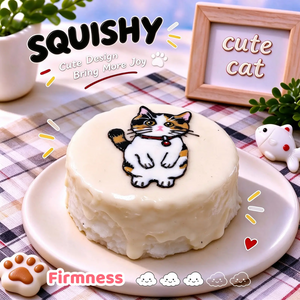 Calico Cat custom squishy toy side view, showing soft resilient texture, thick glossy surface and squeeze feel of cute stress relief fidget