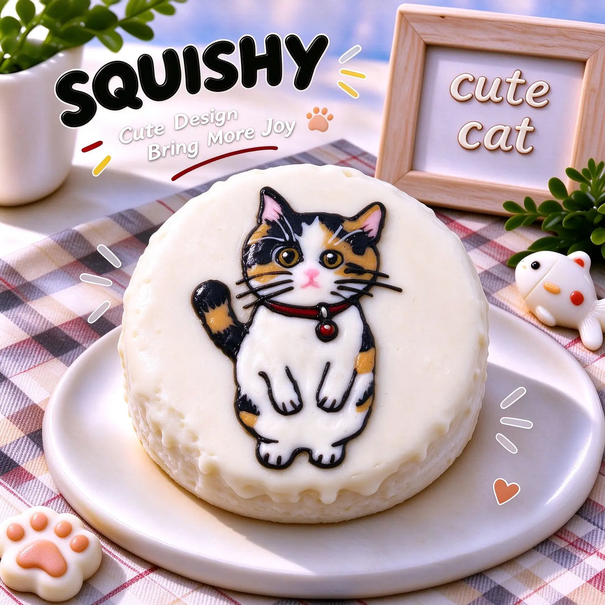 Hand-painted Calico Cat squishy toy, cute Calico cat portrait with red collar and bell on soft round fidget toy, white glossy surface on display plate