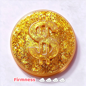 Close-up of a glittery gold dollar-sign coin squishy.