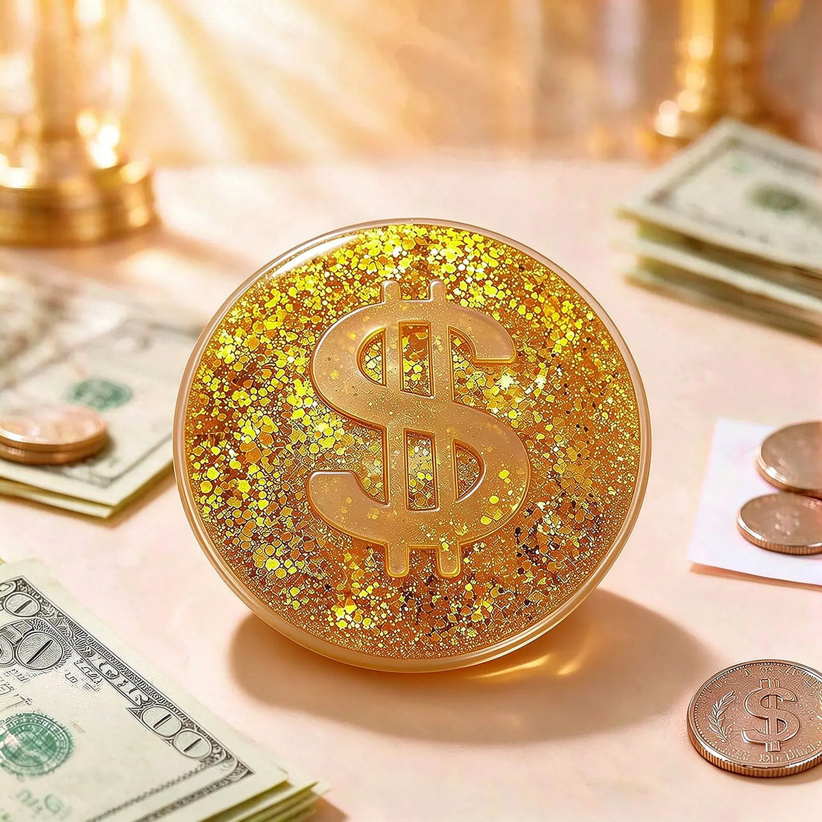 Gold dollar-sign coin squishy displayed on a warm golden surface beside banknotes and coins.
