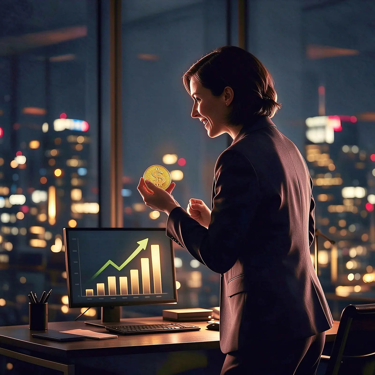 Woman holding a gold dollar-sign coin squishy beside a rising chart at a desk.