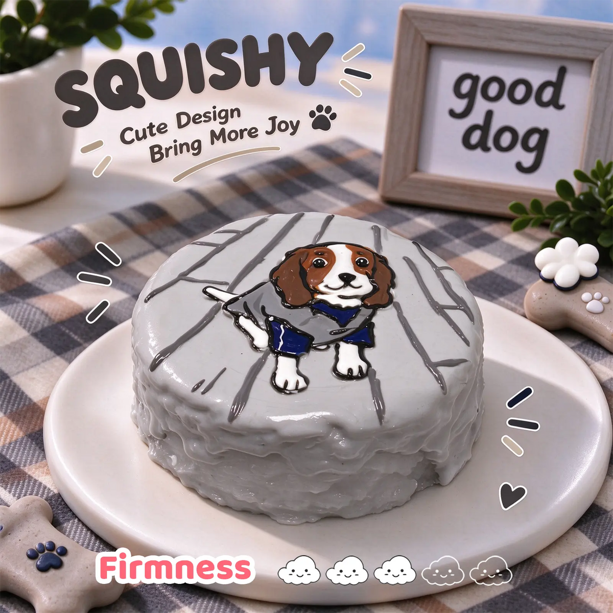 Cavalier King Charles Spaniel custom squishy toy side view, showing soft resilient texture, thick glossy surface and squeeze feel of cute stress relief fidget