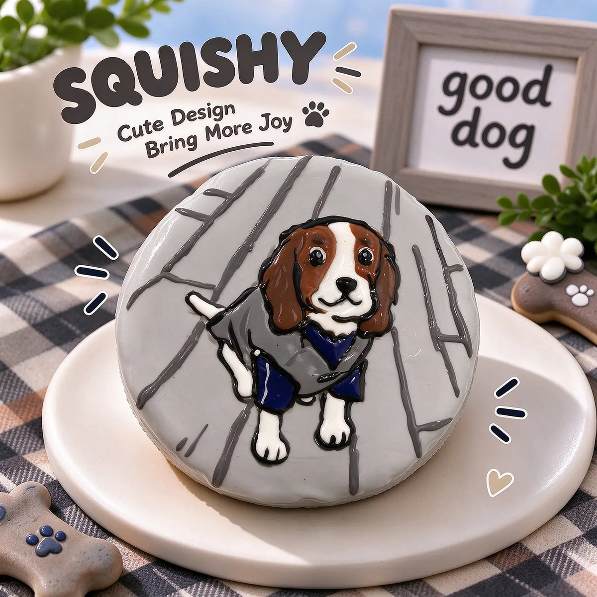 Hand-painted Cavalier King Charles Spaniel squishy toy, cute Spaniel dog portrait on soft round fidget toy, gray glossy surface with brown white fur and gray blue coat design