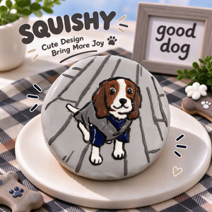 Hand-painted Cavalier King Charles Spaniel squishy toy, cute Spaniel dog portrait on soft round fidget toy, gray glossy surface with brown white fur and gray blue coat design